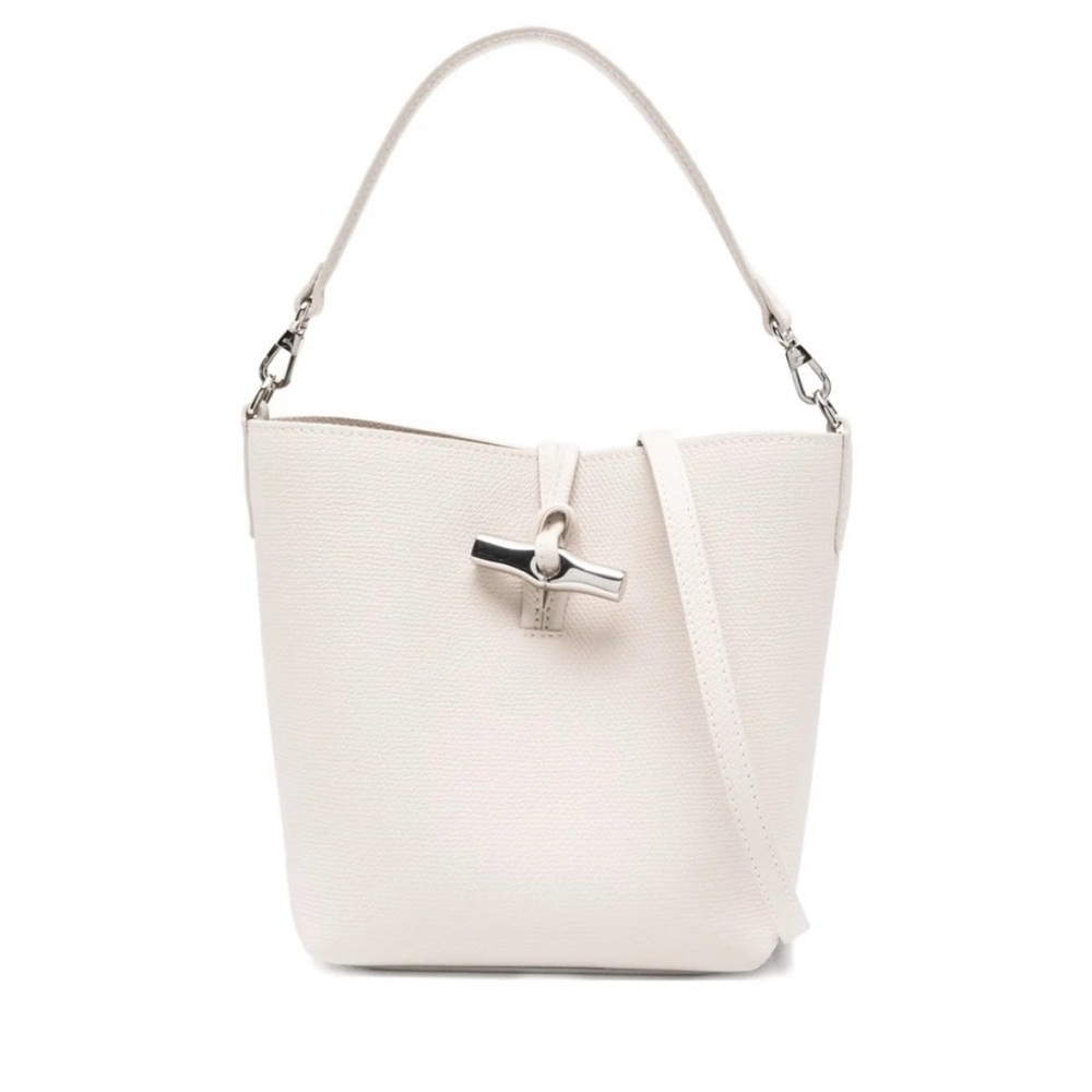 Longchamp Le Roseau Clasp-Detail White Leather Small Bucket Bag